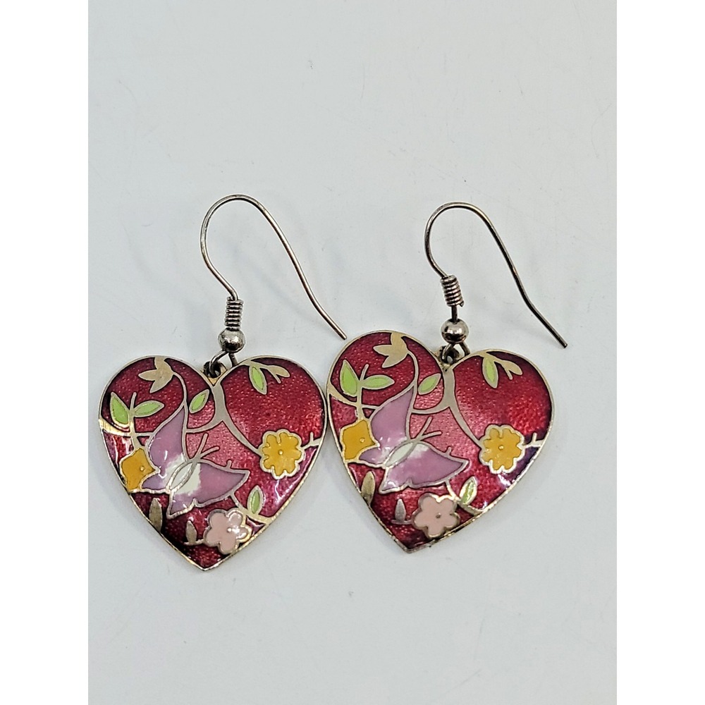 Enameled Cloisonne Heart Flower Floral Butterfly Earrings